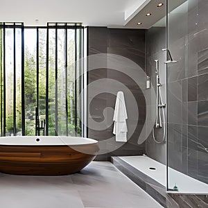 A luxurious bathroom with a freestanding bathtub, a rain shower, and luxurious marble tiles throughout3, Generative AI