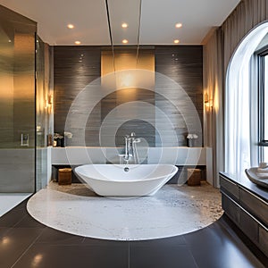 A luxurious bathroom with a freestanding bathtub, a rain shower, and marble accents for a touch of elegance3, Generative AI