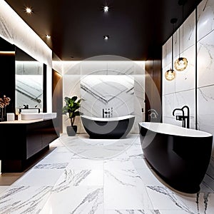 luxurious bathroom with freestanding bathtubs, heated flooring, marble tiles, brass fixtures