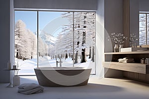 Luxurious bathroom interior with a bathtub and a beautiful view of the snowy landscape