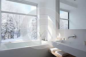 Luxurious bathroom interior with a bathtub and a beautiful view of the snowy landscape