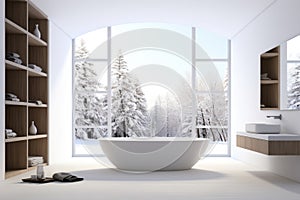 Luxurious bathroom interior with a bathtub and a beautiful view of the snowy landscape