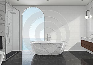 Luxurious bathroom interior featuring a freestanding marble bathtub and arched