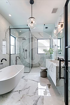 Luxurious bathroom interior with a freestanding bathtub, walk-in shower, and floor-to-ceiling windows