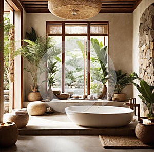 Luxurious bathroom in jungle surrounding. Luxury interior bathroom modern bathtub and green exotic plants palms leaves in villa.