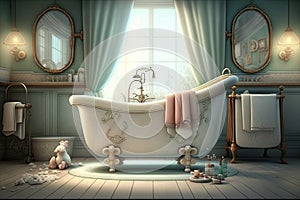 luxurious bathroom with large clawfoot bathtub and showerhead for a baby's daily