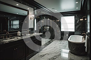 Luxurious bathroom with marble countertop, soaking tubs, bath, shower. AI generated.