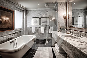 Luxurious bathroom with marble countertop, soaking tubs, bath, shower. AI generated.