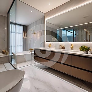 A luxurious bathroom with marble countertops, a freestanding bathtub, and golden fixtures3