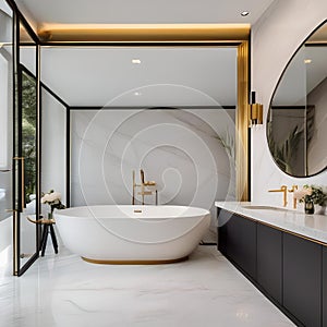 A luxurious bathroom with marble countertops, a freestanding bathtub, rainfall shower, and gold fixtures2