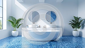 Luxurious bathroom in a modern interior style with mosaics in blue shades, an oval-shaped bathtub, behind it are two