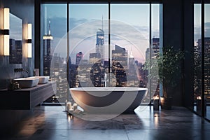 Luxurious bathroom in a penthouse, with a beautiful, somewhat blurry view of the city\'s high-rise buildings behind the windows