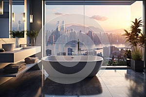 Luxurious bathroom in a penthouse, with a beautiful, somewhat blurry view of the city\'s high-rise buildings behind the windows