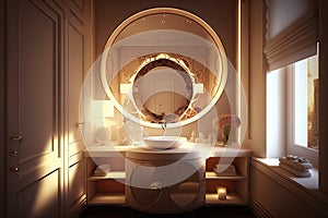 luxurious bathroom, with round white wash basin and mirrored vanity, surrounded by warm lighting