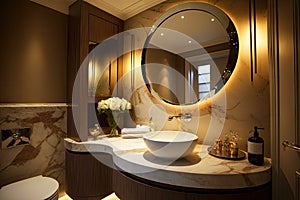 luxurious bathroom, with round white wash basin and mirrored vanity, surrounded by warm lighting
