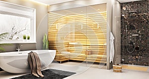 Luxurious bathroom with sauna in a modern home photo