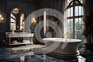 A luxurious bathroom with a stunning chandelier and a spacious tub. AI Generated