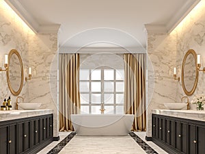 Luxurious bathroom with white marble walls and  floors 3d render