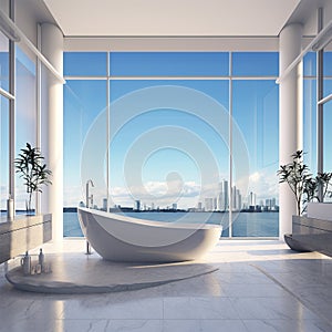 Luxurious bathroom with a wide window, sea view, trendy interior generated by AI