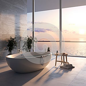 Luxurious bathroom with a wide window, sea view, trendy interior at sunsets generated by AI