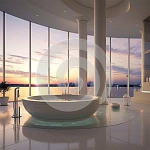 Luxurious bathroom with a wide window, sea view, trendy interior at sunsets generated by AI