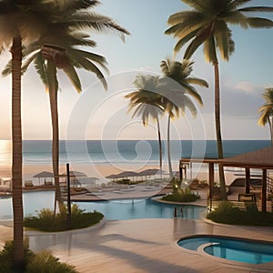A luxurious beach resort with palm trees, cabanas, and a view of the ocean Relaxing and indulgent seaside retreat1