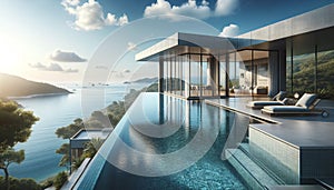 Luxurious Beachfront Villa with Infinity Pool Overlooking the Ocean Summer Vacation Background