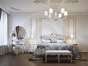 Luxurious bedroom with bed and bedside tables and dressing table. Concept interior, home, comfort, hotel