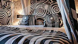 A luxurious bedroom with a canopy bed dd in luxurious fabrics and adorned with hypnotizing optical illusion print