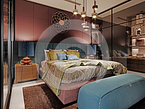 Luxurious bedroom in a fashionable style behind a glass partition in burgundy and green. Fashionable bed, bedside ottoman and