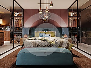 Luxurious bedroom in a fashionable style behind a glass partition in burgundy and green. Fashionable bed, bedside ottoman and