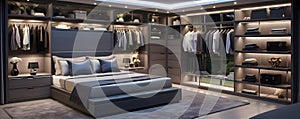 Luxurious bedroom featuring bespoke closet design and hidden storage solutions. Concept Luxury Bedroom, Bespoke Closet, Hidden