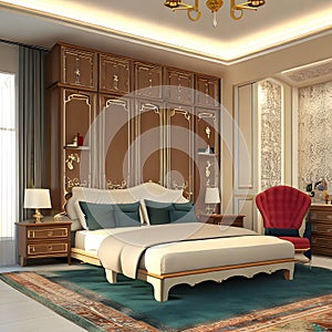 luxurious bedroom interior with beautiful bed,cupboard and carpet ai generated