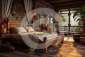 Luxurious bedroom interior in dark colors with a large carved wooden bed, indoor plants, vases and with a beautiful view