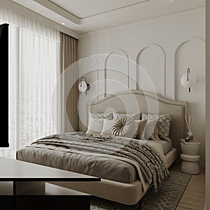 Luxurious Bedroom interior design, wall decoration, table, bed and white theme studio apartment