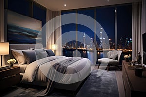 a luxurious bedroom with king-sized bed, plush throws, and a cityscape view