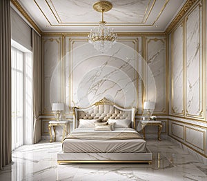 A luxurious bedroom with marble floors, white walls, and gold accents.