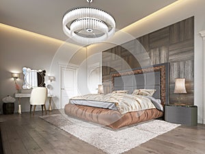 Luxurious bedroom in modern style with large windows in the wall.Frosted glass chandelier, dressing table, TV unit with