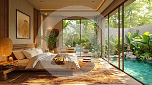 Luxurious bedroom opening to a sunny poolside.Modern design interior of bedroom hotel.Bedroom View to Tropical Pool