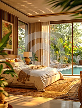 Luxurious bedroom opening to a sunny poolside.Modern design interior of bedroom hotel.Bedroom View to Tropical Pool