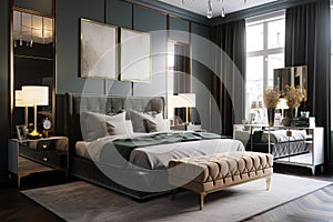 A luxurious bedroom with a plush four-poster bed and rich velvet textiles, adorned with ornate gold accents. Generative AI