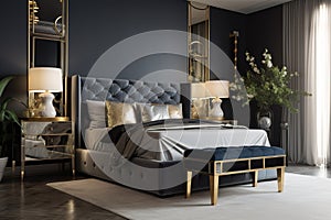 A luxurious bedroom with a plush four-poster bed and rich velvet textiles, adorned with ornate gold accents. Generative AI