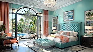 Luxurious bedroom with pool view