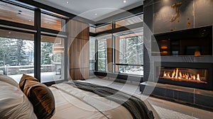 A luxurious bedroom retreat with a modern fireplace boasting integrated audio for the ultimate relaxation experience. 2d