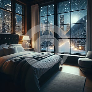 Luxurious Bedroom with Snowy Cityscape and Forest View at Night