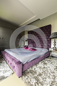 Luxurious bedroom with a violet king size bed