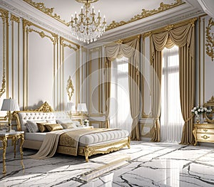 A luxurious bedroom with a white marble floor, gold accents, and a large chandelier hanging from the ceiling.