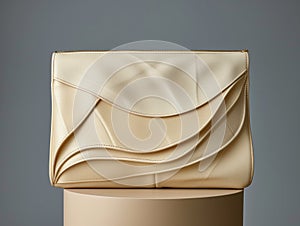 A luxurious beige clutch with a unique wavy design sits atop a matching stand.