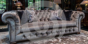 A luxurious beige sofa with soft pillows, surroun