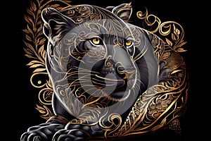 Luxurious Black And Golden Panther Isolated On Black Background - Generative AI